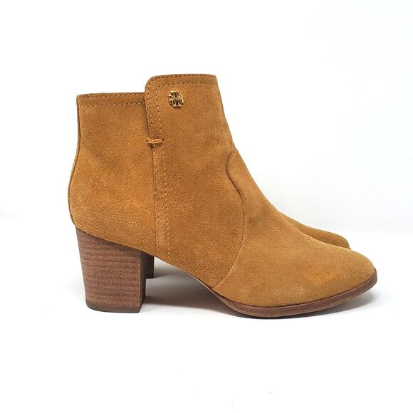 Tory Burch Sabe Heeled Ankle Booties Suede Leather Tan Gold Logo Size US 7 - Picture 4 of 9